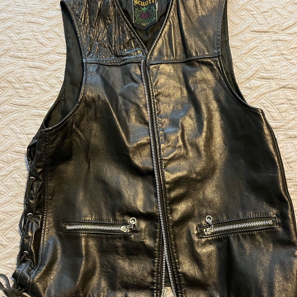 Schott Black Leather Vest with Side Lacing